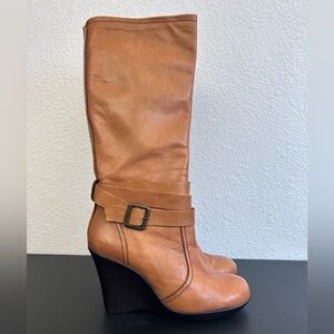 YOU X CROCS 8.5 Cognac LEATHER Knee High Wedge Boots STRAP BUCKLE ROUND TOE
